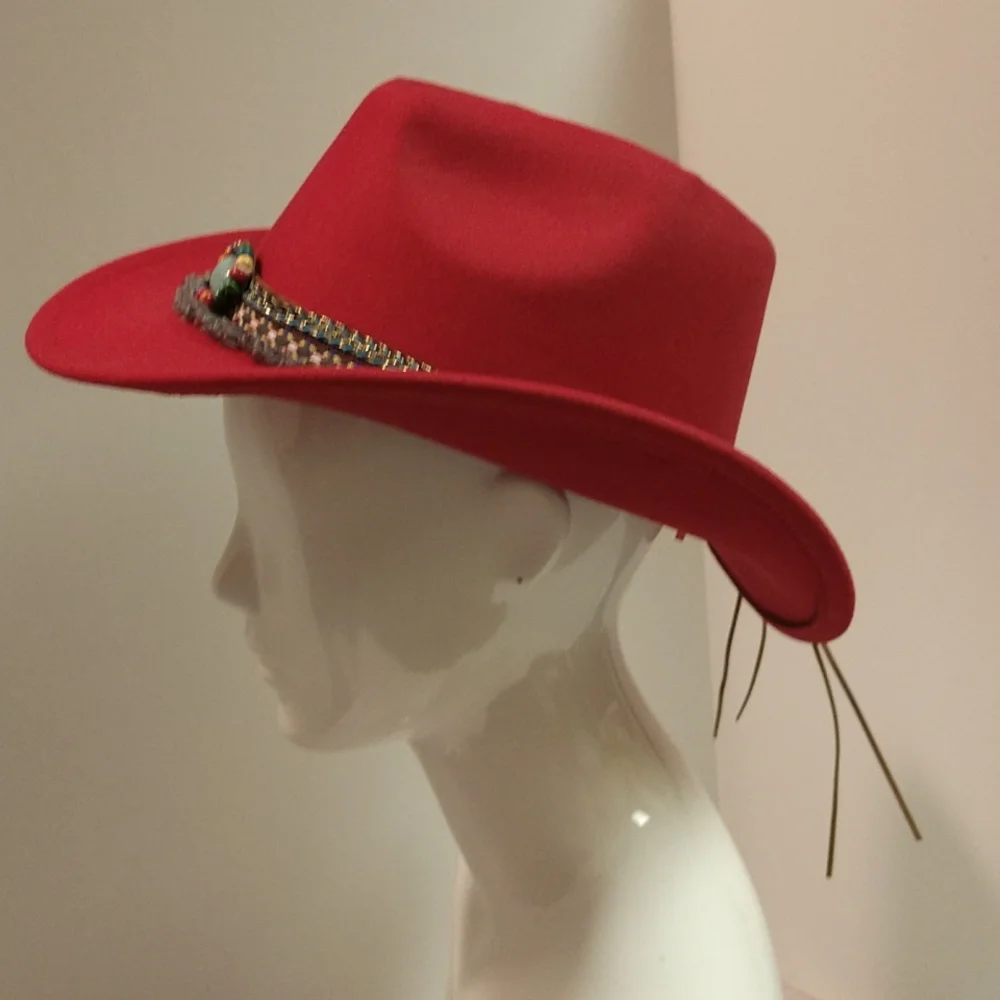 RESERVED Southern Red Cowboy Hat Turquoise Tassels Pendants Fringe Accent Boho - Picture 11 of 17